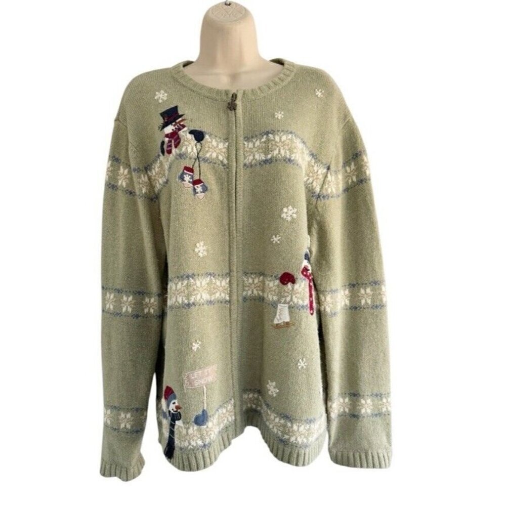Croft & Barrow Womens Sz XL Vintage Green Full Zip Snowman Christmas Cardigan
